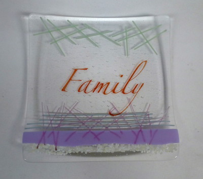 Custom plates with Family screen printed on the glass.